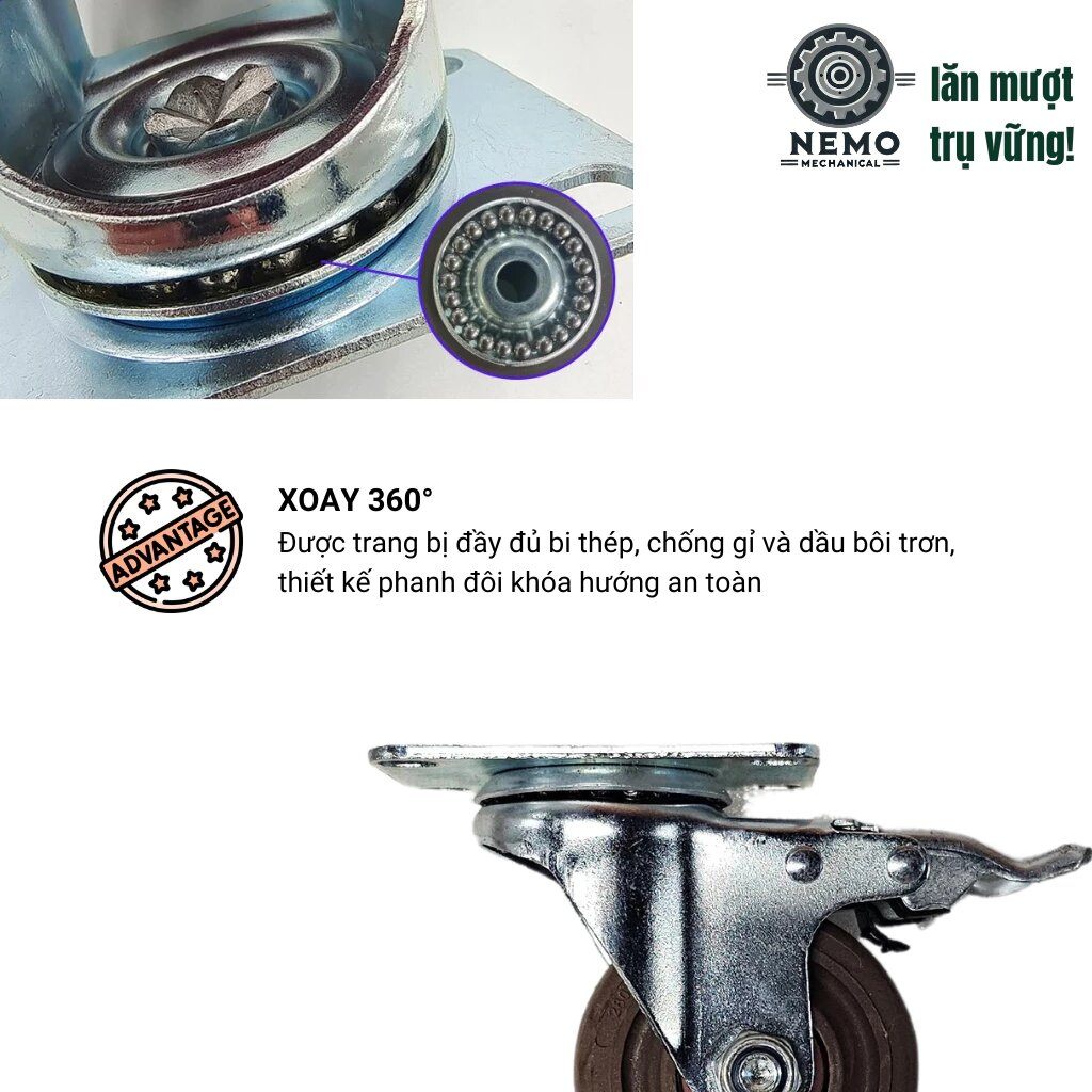 Bánh xe chịu nhiệt, mặt bích & cọc vít M12, D75mm - D125mm, chịu nhiệt 280°C, tải 95-135kg